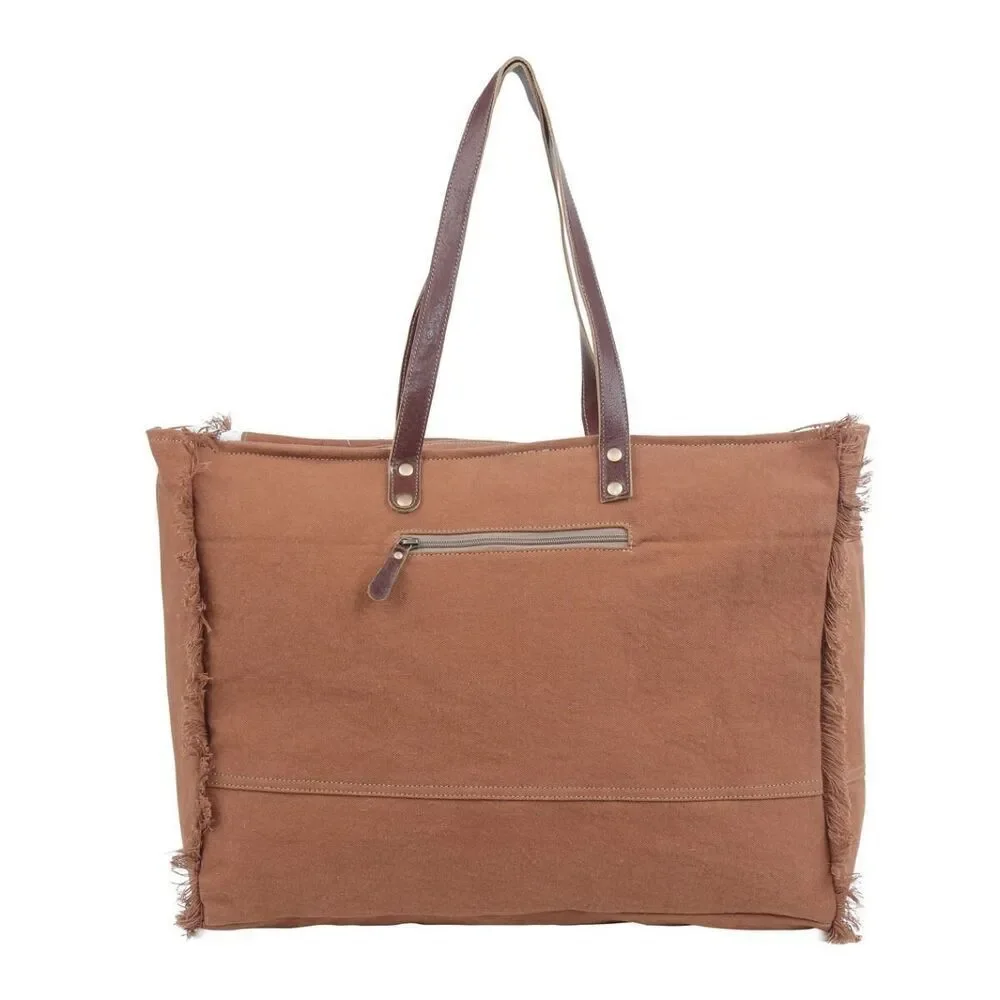 Myra Bag Handmade Ambrose Weekender Bag Upcycled Canvas & Cowhide Leather